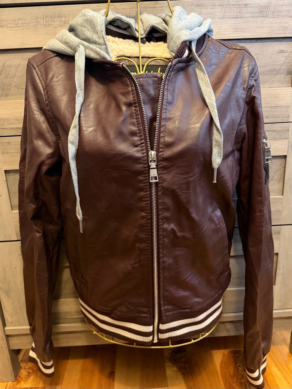 Madden NYC Faux Leather Sherpa Lined Hooded Bomber Jacket
